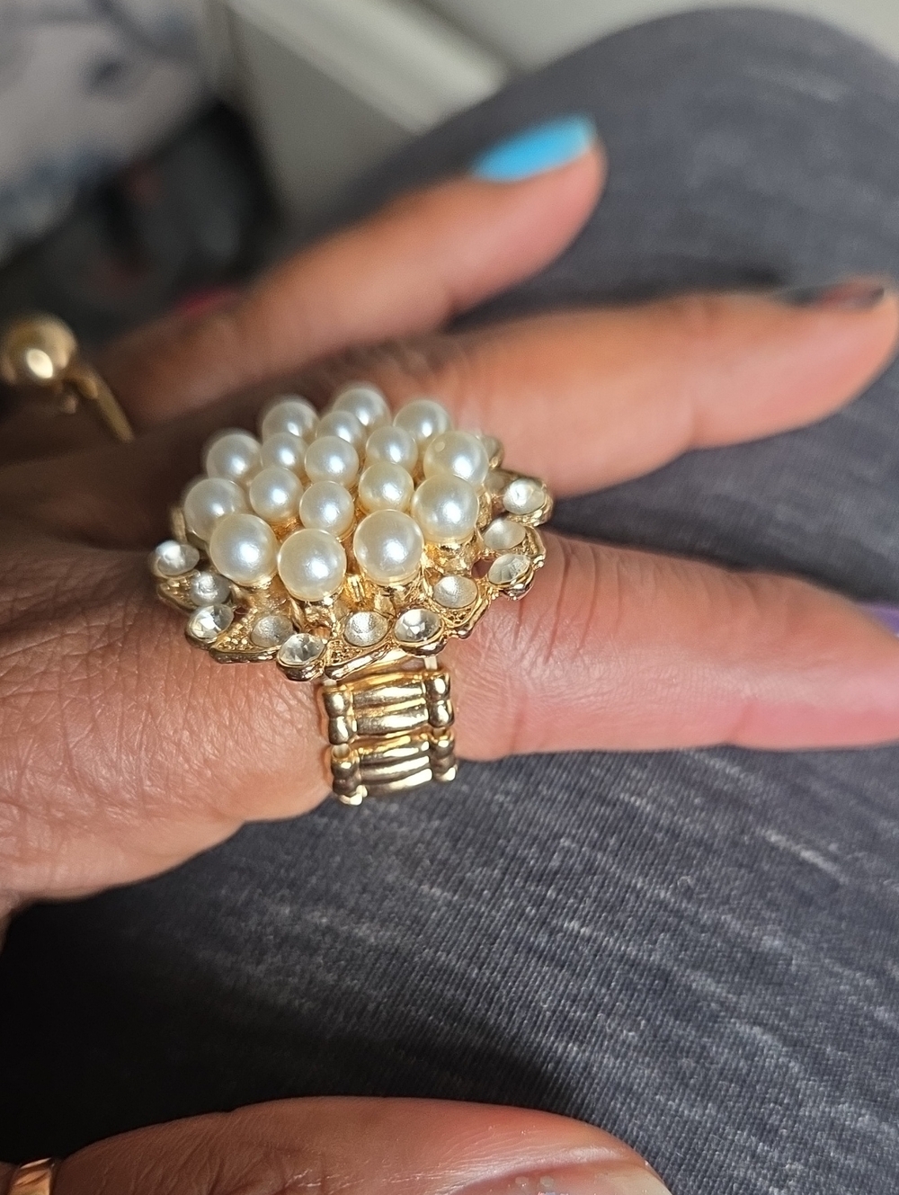Gold Pearl Cluster Statement Ring - White Pearls